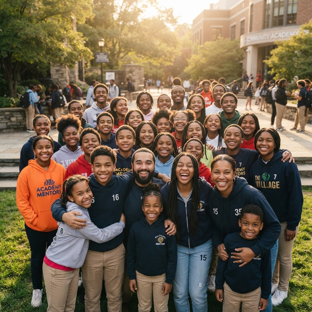 A large group of diverse students and mentors together outdoors