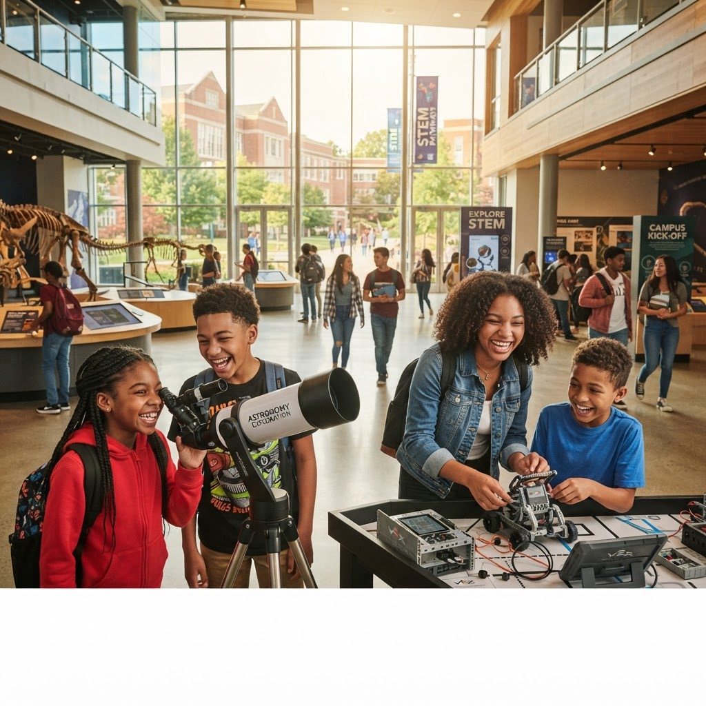 Diverse students exploring a science museum and college campus