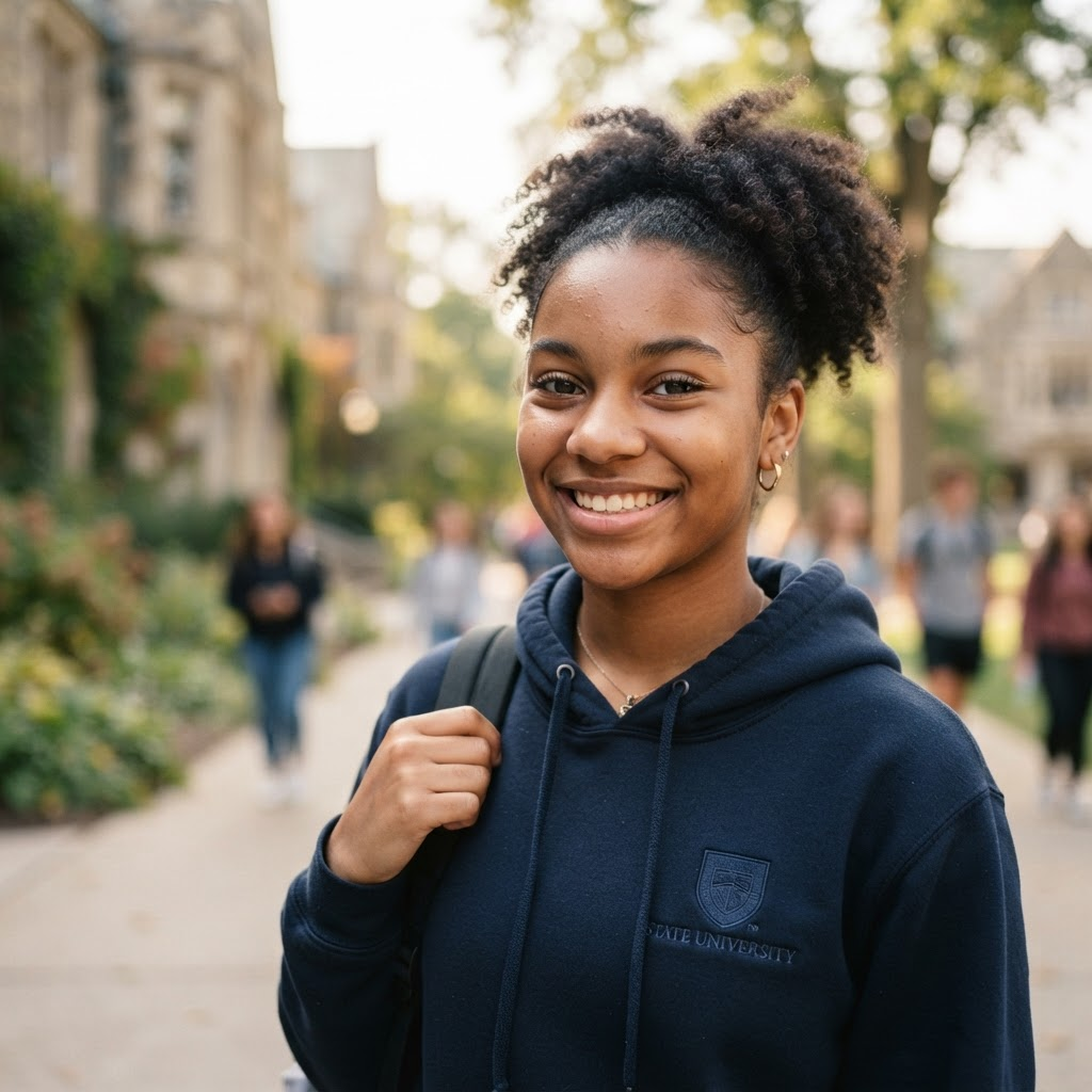 A confident young student smiling outdoors on a campus